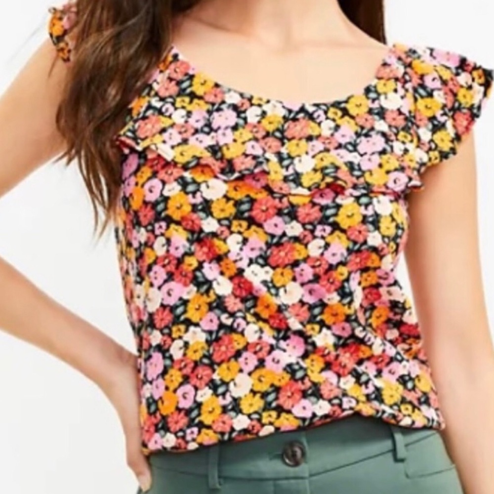 👛LOFT Floral Pink Orange Ruffle Cap/Off the Shoulder Top Size Large